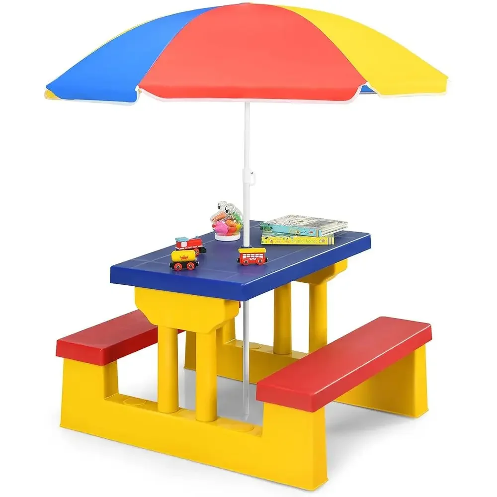 Kids Outdoor Bench With Umbrella - Multicolor Outdoor Kids Picnic Table Set