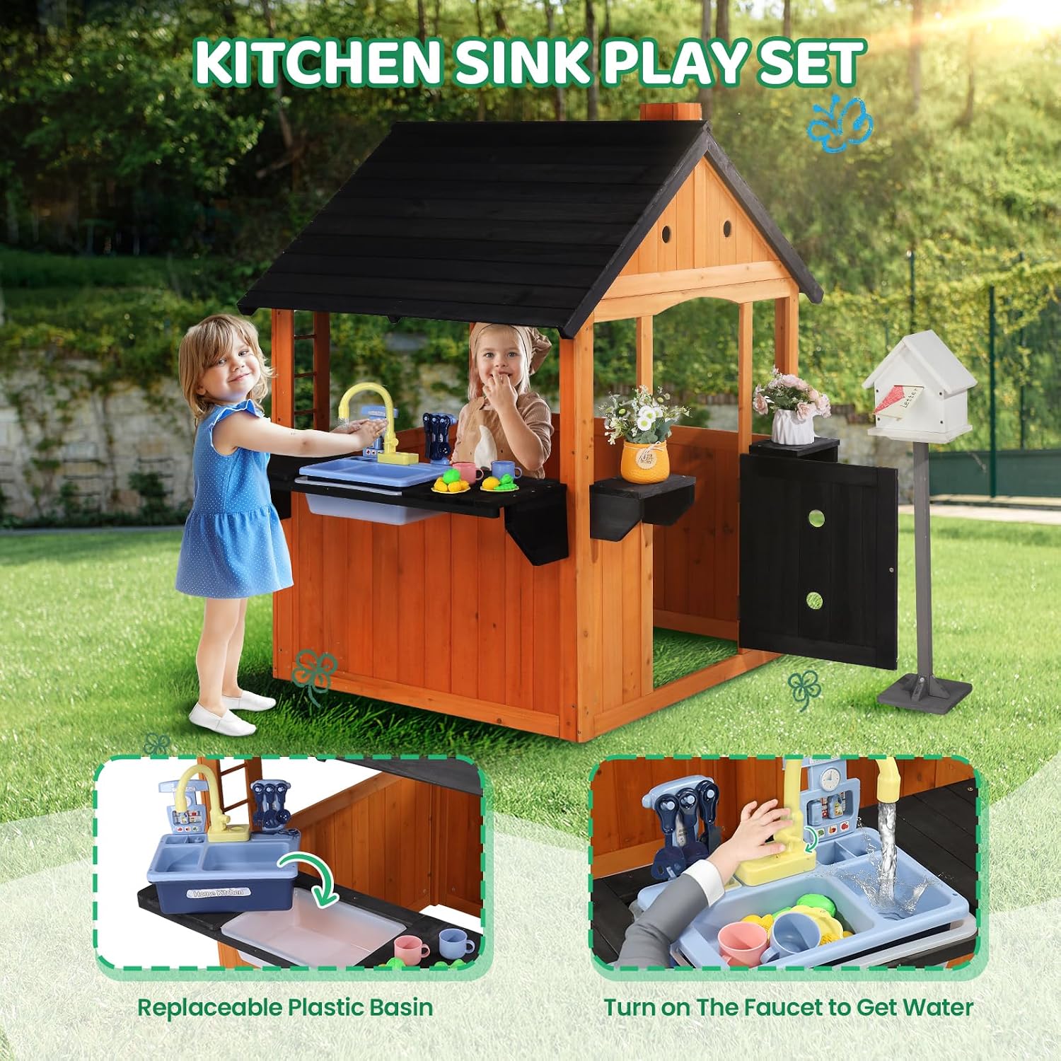 Kids Wooden Playhouse for Outd - Kids Outdoor Sink 评论和价格