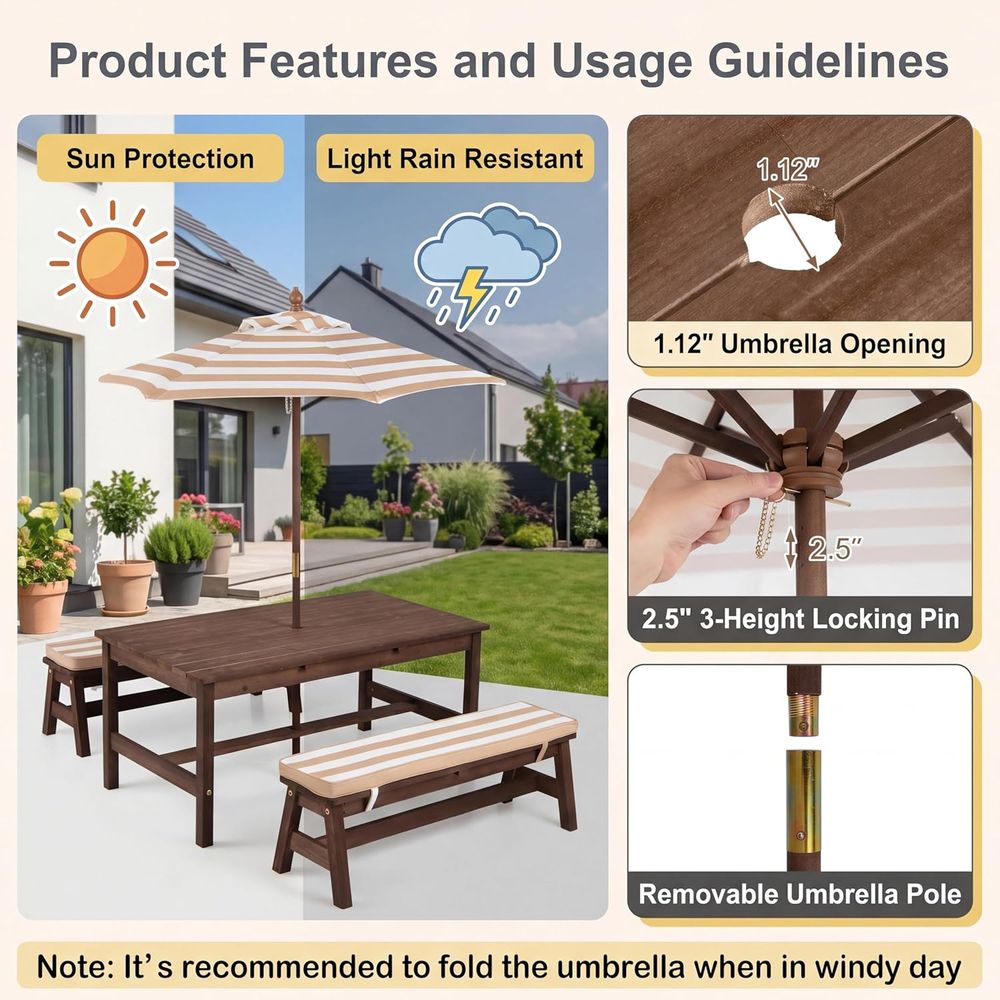 Kids Picnic Table, Large 42“x  - Kids Outdoor Bench With Umbrella 评论和价格