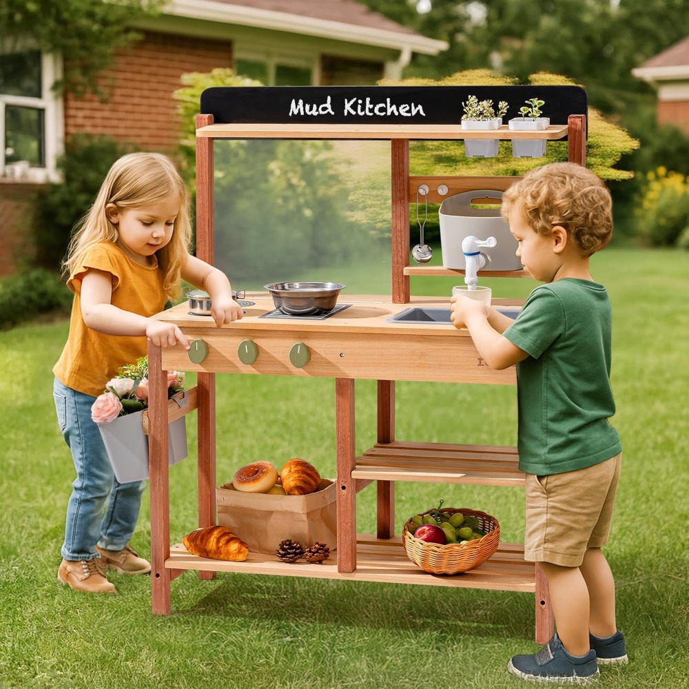 US Shipping Wooden Mud Kitchen - Kids Outdoor Sink 评论和价格