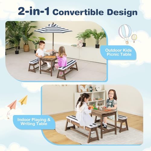 Kids Picnic Table, Outdoor Woo - Kids Outdoor Bench With Umbrella 评论和价格