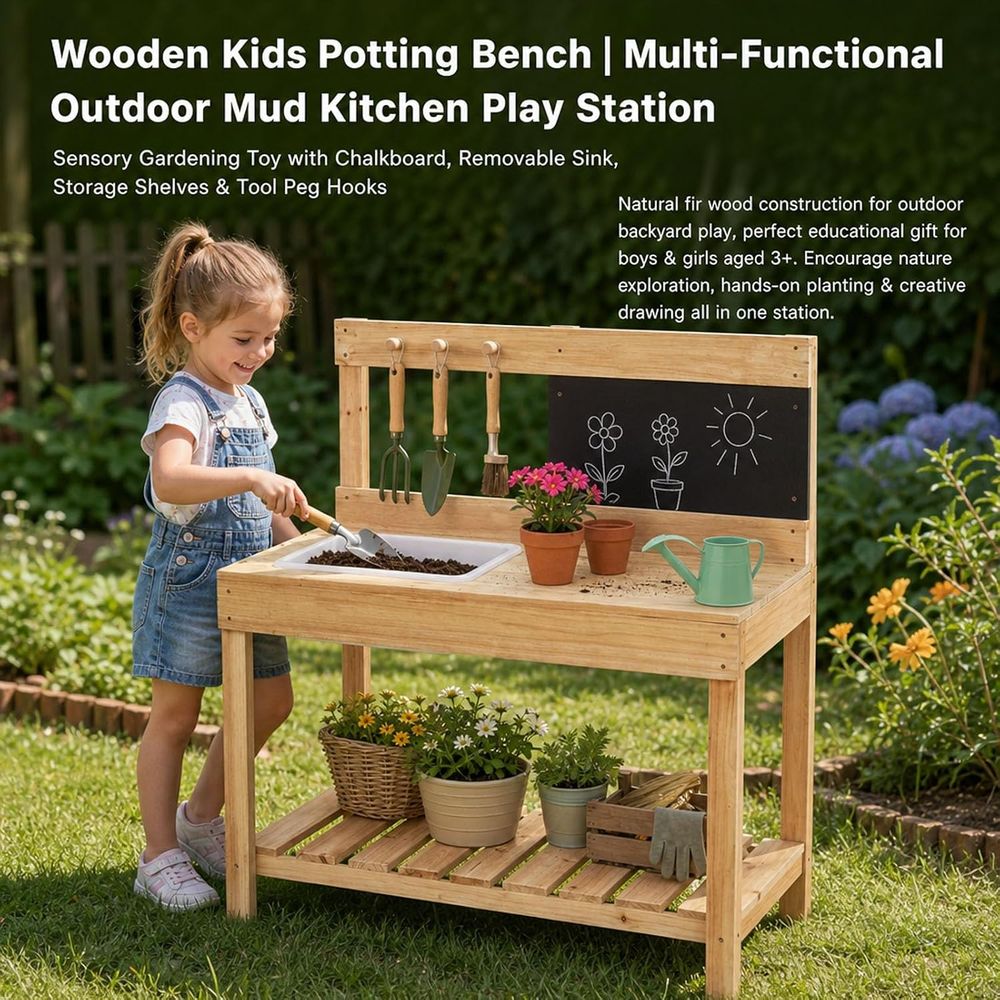 Kids Wooden Potting Bench Mud  - Kids Outdoor Sink 评论和价格