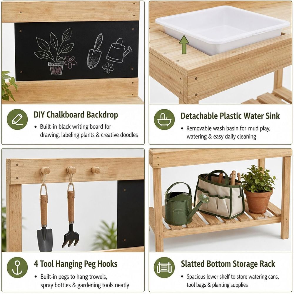 Kids Wooden Potting Bench Mud  - Kids Outdoor Sink 评论和价格